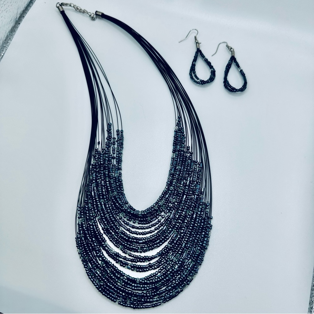 Elegant Blue Beaded Necklace and Earring Set